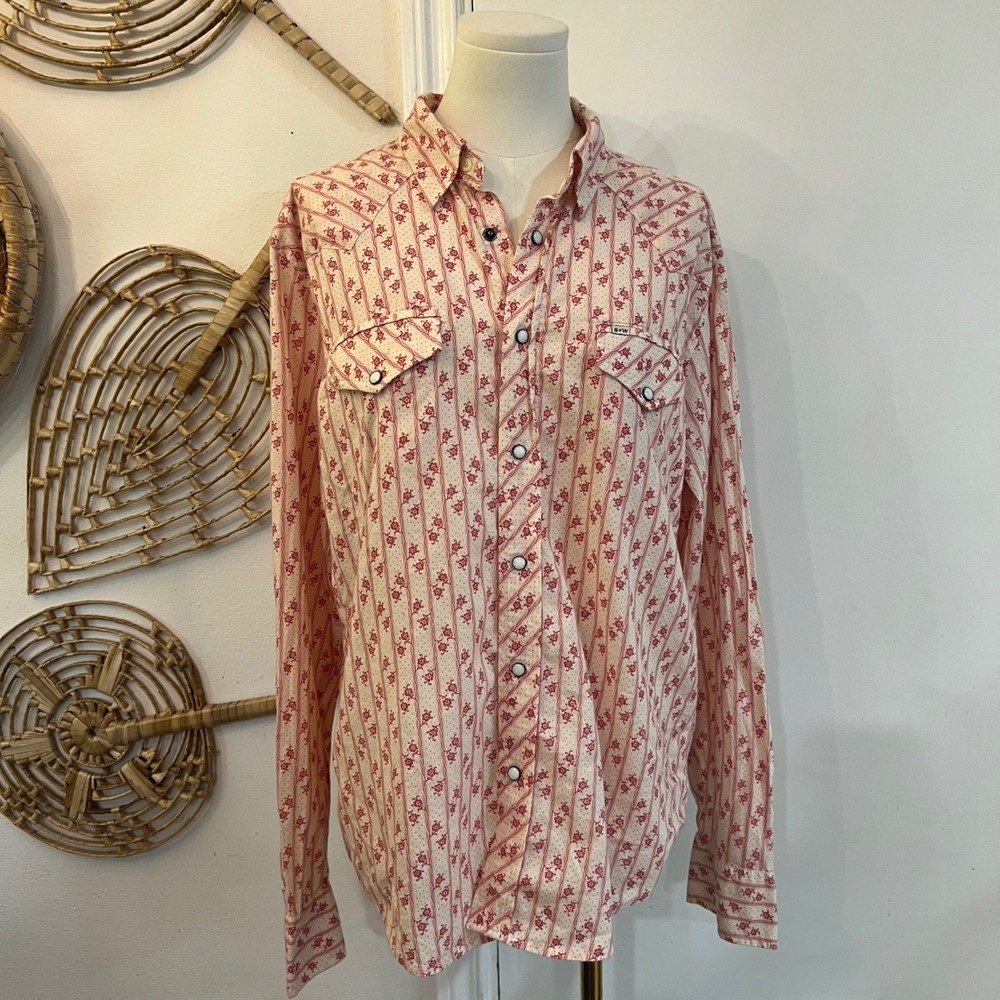 Stapleford Pink Cream Cotton Floral Western Pearl Snap Button Down Shirt Large